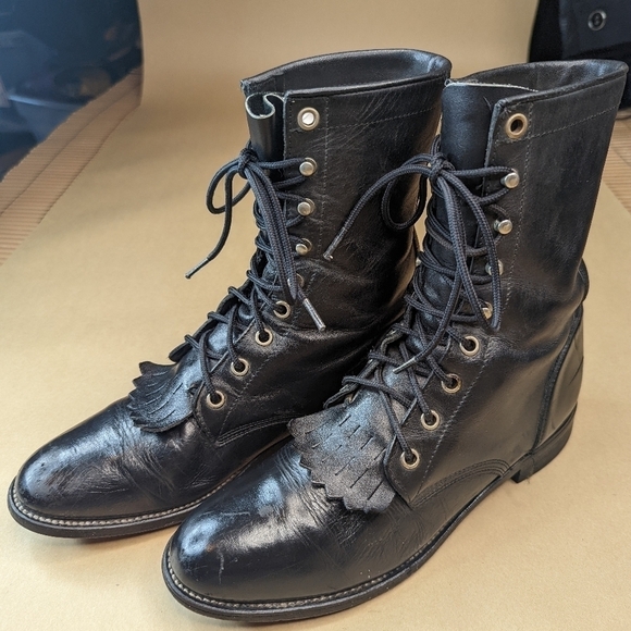 Justin Boots women's sz 7.5B black leather Roper Kilt Lacer Boots. - Picture 1 of 10
